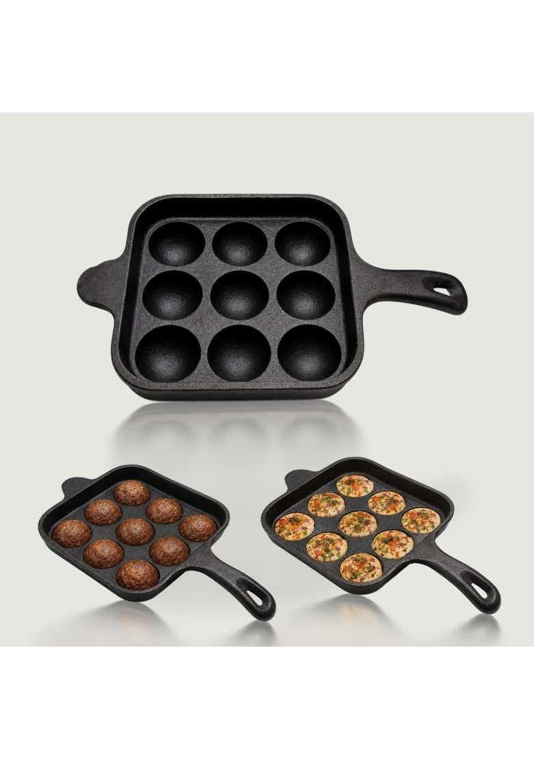 KIRUBA KITCHEN ESSENTIALS SKS Cast Iron Square Paniyaram Pan Ebelskiver-Style Pan - Indya