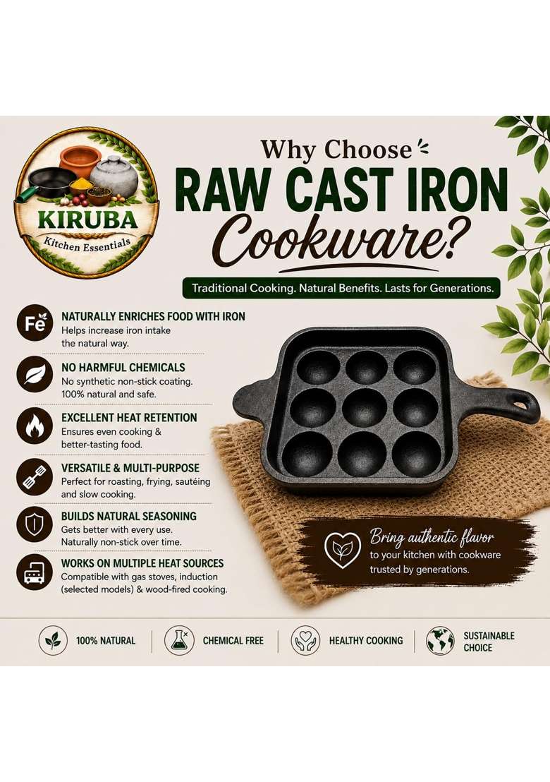 KIRUBA KITCHEN ESSENTIALS SKS Cast Iron Square Paniyaram Pan Ebelskiver-Style Pan - Indya
