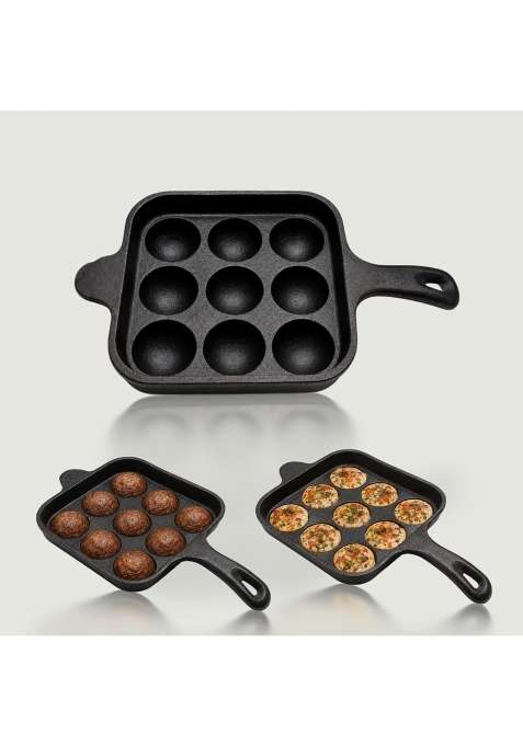 KIRUBA KITCHEN ESSENTIALS SKS Cast Iron Square Paniyaram Pan Ebelskiver-Style Pan