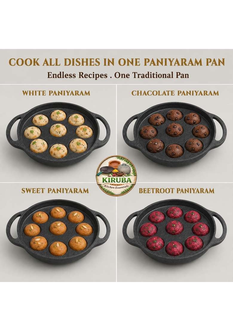 KIRUBA KITCHEN ESSENTIALS SKS Cast Iron Paniyaram Pan Ebelskiver-Style Pan - Indya