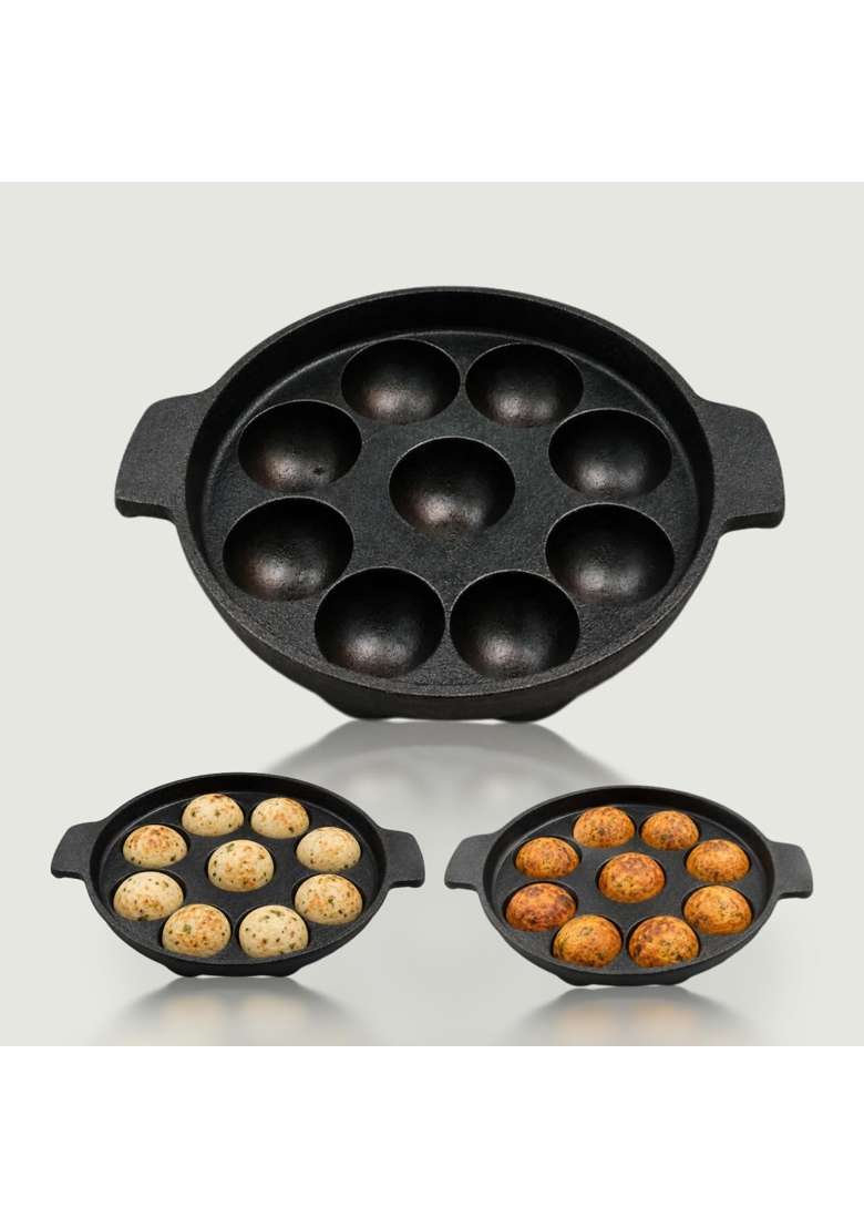 KIRUBA KITCHEN ESSENTIALS SKS Cast Iron Paniyaram Pan Ebelskiver-Style Pan - Indya