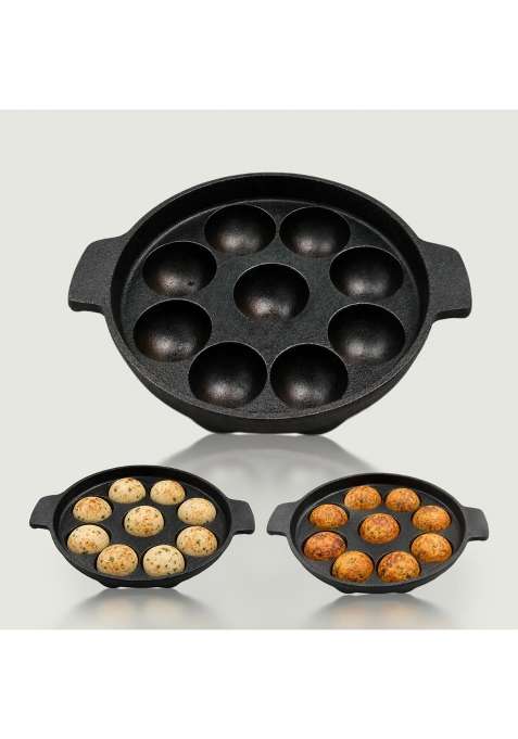 KIRUBA KITCHEN ESSENTIALS SKS Cast Iron Paniyaram Pan Ebelskiver-Style Pan