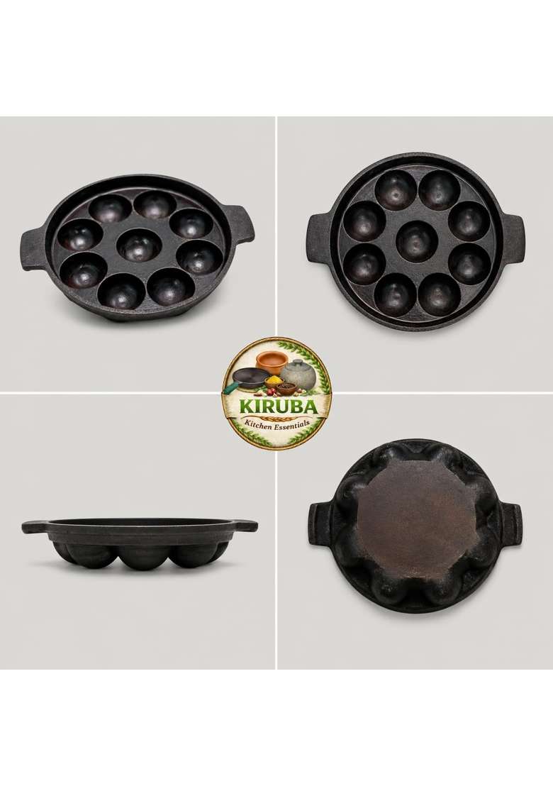 KIRUBA KITCHEN ESSENTIALS SKS Cast Iron Paniyaram Pan Ebelskiver-Style Pan 9 Pits Cavity - Indya