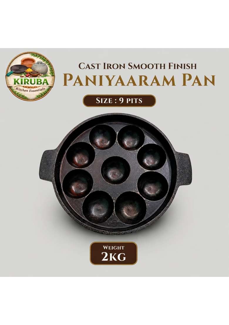 KIRUBA KITCHEN ESSENTIALS SKS Cast Iron Paniyaram Pan Ebelskiver-Style Pan 9 Pits Cavity - Indya