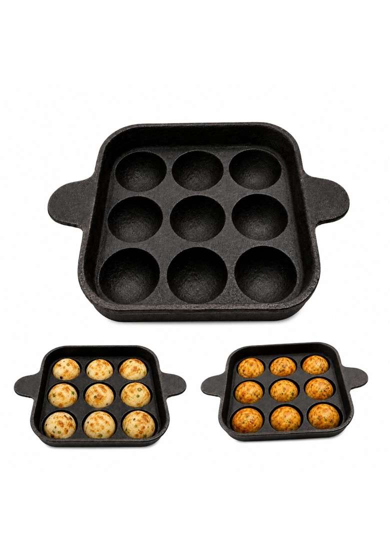 KIRUBA KITCHEN ESSENTIALS SKS Cast Iron Square Paniyaram Pan Ebelskiver-Style Pan - Indya