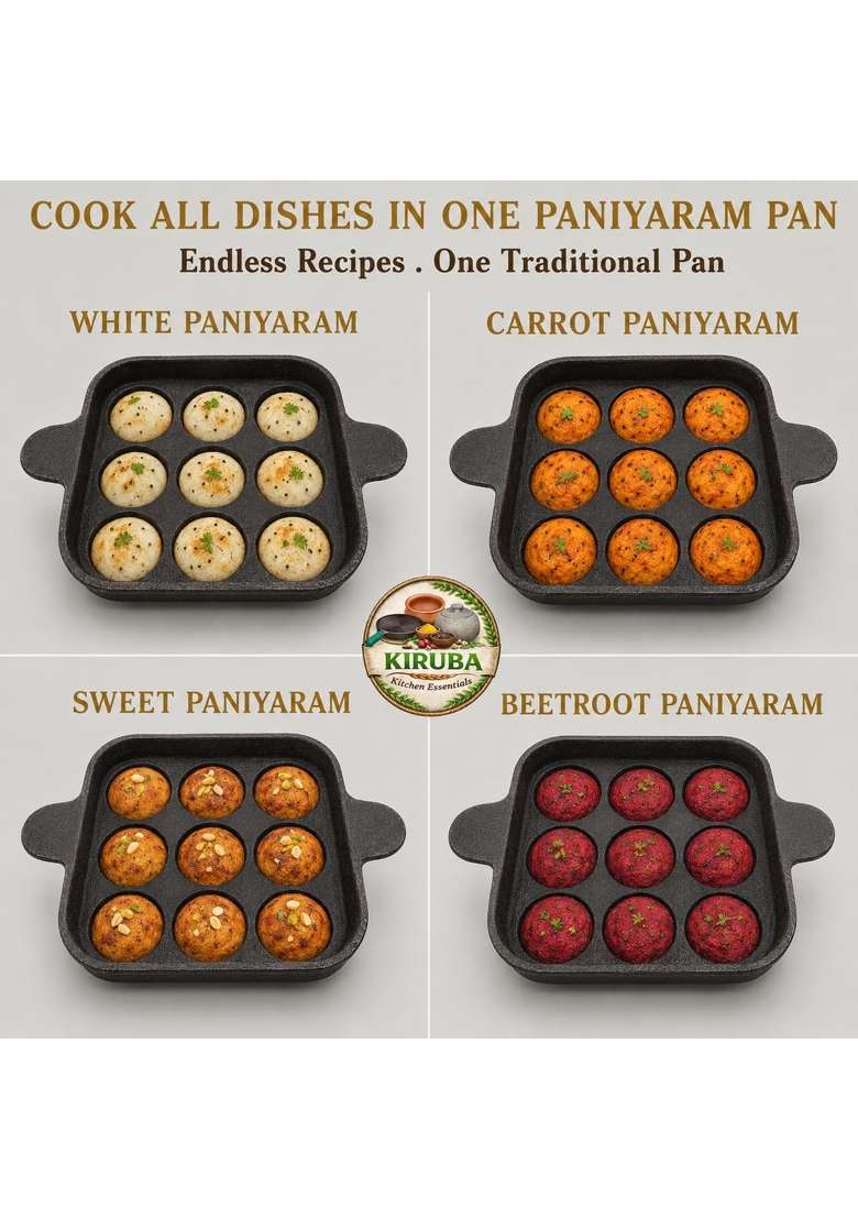 KIRUBA KITCHEN ESSENTIALS SKS Cast Iron Square Paniyaram Pan Ebelskiver-Style Pan - Indya
