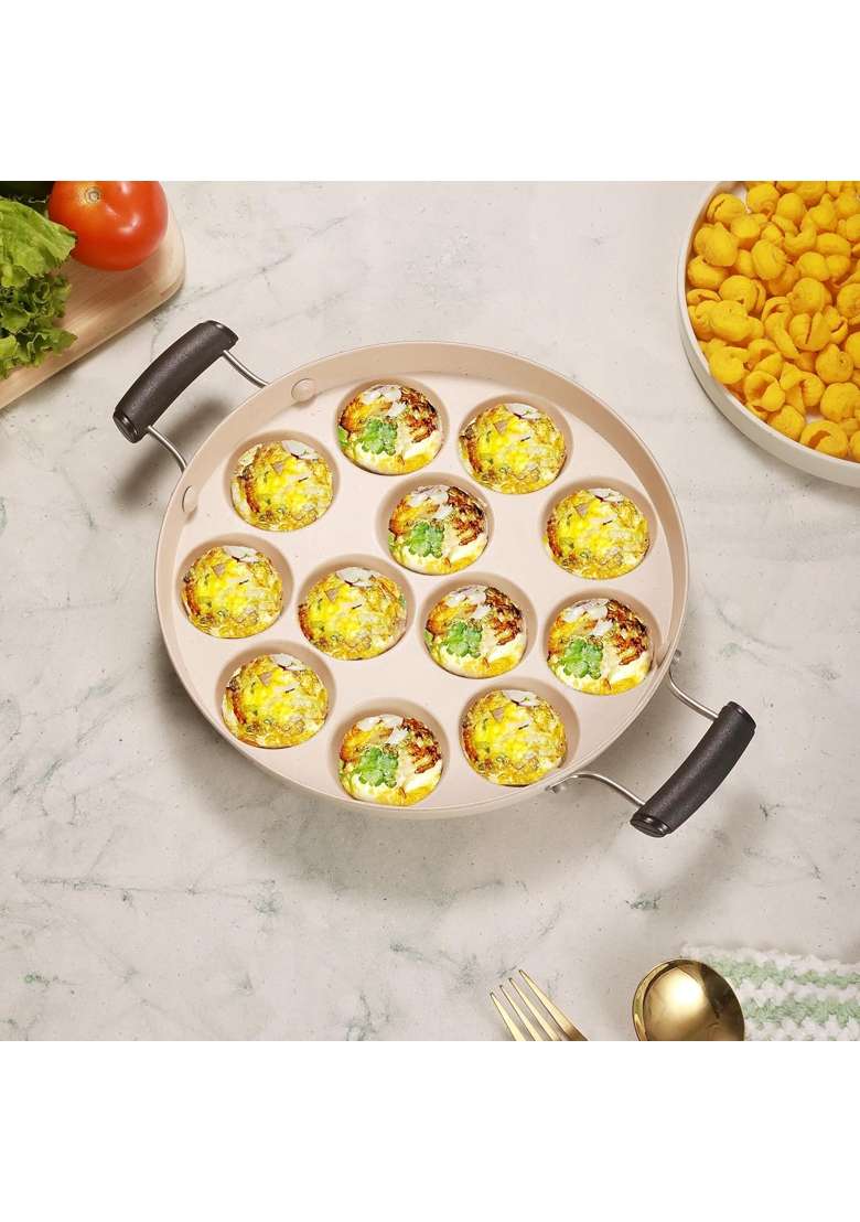 Cookaid Neo Glide Series Super Smooth Cast Iron Paniyaram Pan Ebelskiver-Style Pan with SS Lid | 23 cm | 9.1 Inch | Non-Toxic - Indya
