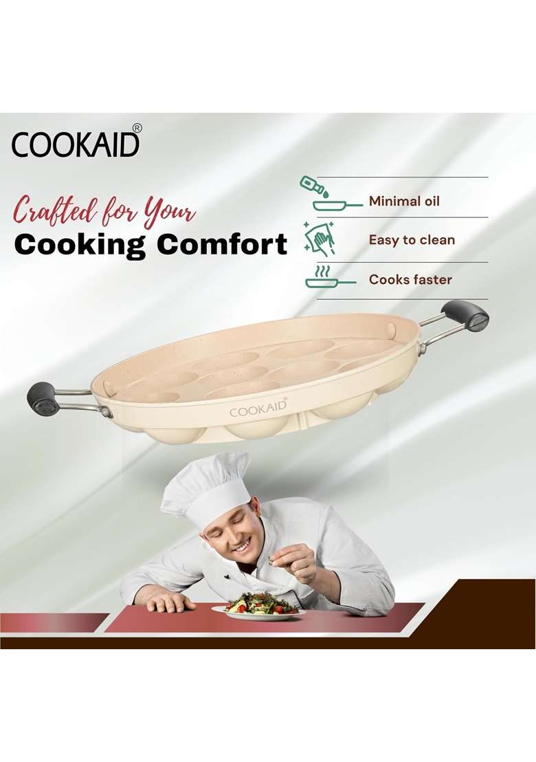 Cookaid Neo Glide Series Super Smooth Cast Iron Paniyaram Pan Ebelskiver-Style Pan with SS Lid | 23 cm | 9.1 Inch | Non-Toxic - Indya