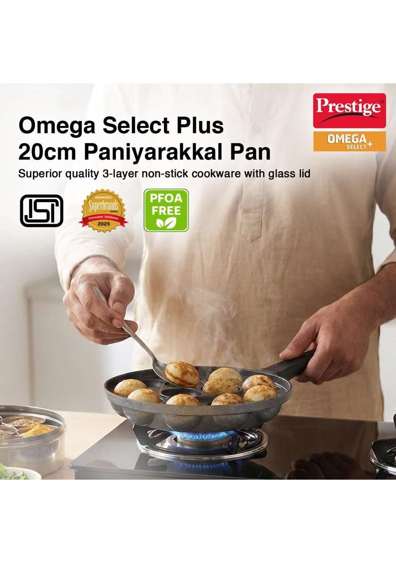 Prestige Omega Select Plus Non-Stick Paniyarakkal with Lid | 20 cm | 7.9 Inch - Indya
