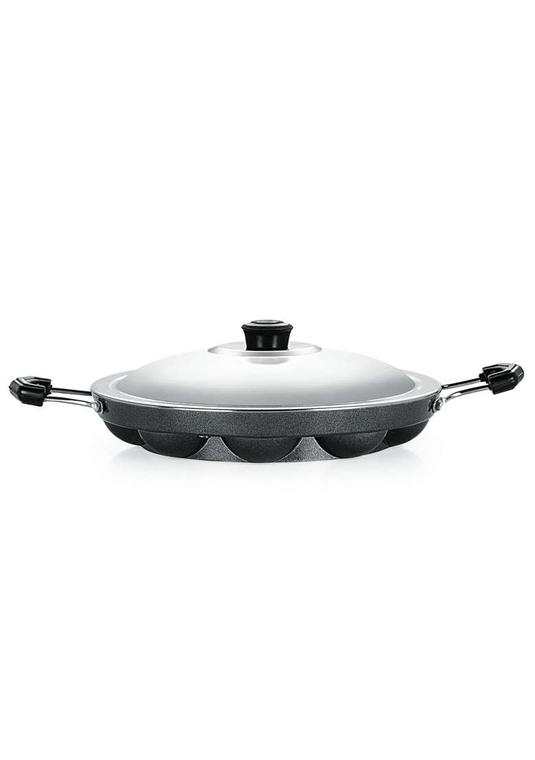 NIRLON 12 Cavity Appam Patra Paniarakkal Appam Maker Appam Patra Non-Stick Ponganal | 22.5 cm | 8.9 Inch | With Lid - Indya