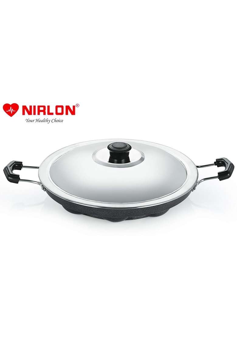 NIRLON 12 Cavity Appam Patra Paniarakkal Appam Maker Appam Patra Non-Stick Ponganal | 22.5 cm | 8.9 Inch | With Lid - Indya