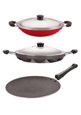 NIRLON Non-Stick Coated Aluminium Roti Tawa Flat Griddle Appam and Appachatti Durable Cookware Set