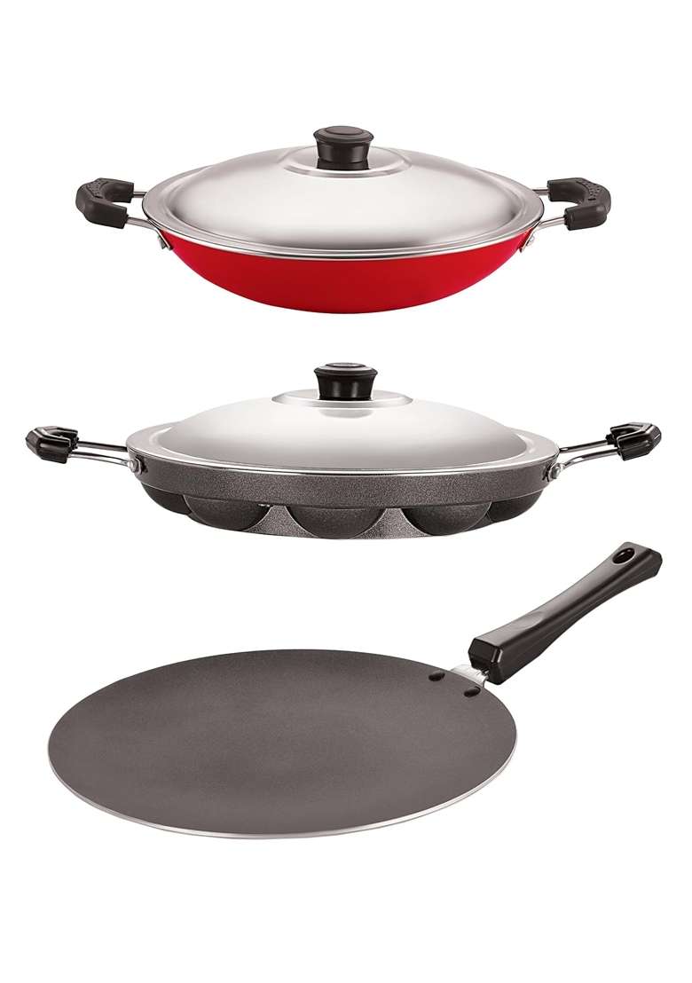 NIRLON Non-Stick Coated Aluminium Roti Tawa Flat Griddle Appam and Appachatti Durable Cookware Set - Indya