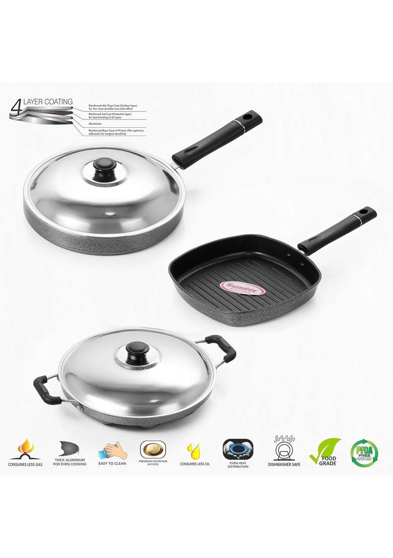 Sumeet Nonstick Stainless Steel Joyous Combo Set Silver | 22 cm | 8.7 Inch | 12-Piece Set - Indya