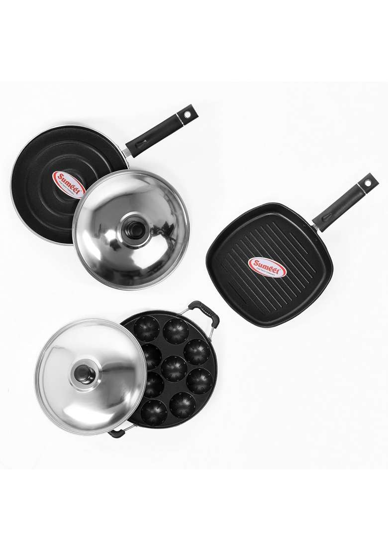 Sumeet Nonstick Stainless Steel Joyous Combo Set Silver | 22 cm | 8.7 Inch | 12-Piece Set - Indya