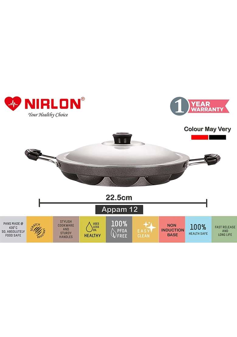 NIRLON Non-Stick Aluminium Appam Patra paniyarakal 12 Cavity with 2 Side Handle - Indya