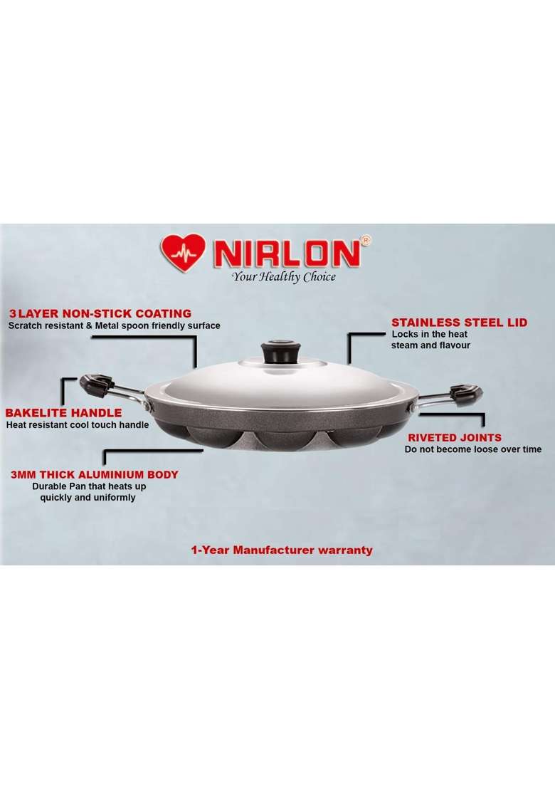NIRLON Non-Stick Aluminium Appam Patra paniyarakal 12 Cavity with 2 Side Handle - Indya