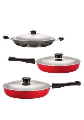 NIRLON Kitchen Utensils Premium Quality Non-Stick Cookware Set | 2 L | 2.1 Qt | 3-Piece Set | With Lid