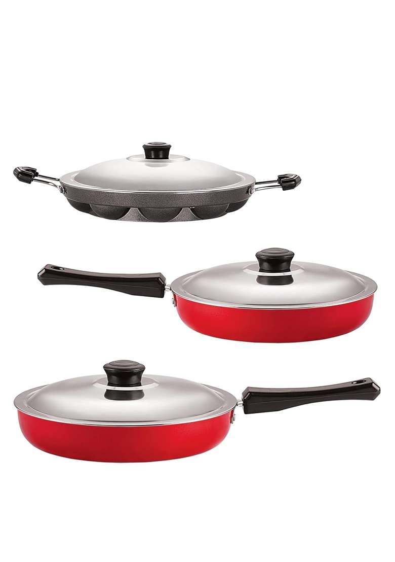 NIRLON Kitchen Utensils Premium Quality Non-Stick Cookware Set | 2 L | 2.1 Qt | 3-Piece Set | With Lid - Indya
