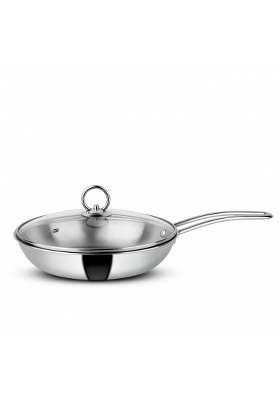 Orange Triply Stainless Steel Fry Pan with Riveted Cast Long Handle with Glass Lid | 1.5 L | 1.6 Qt | 22 cm | 8.7 Inch | Induction Compatible
