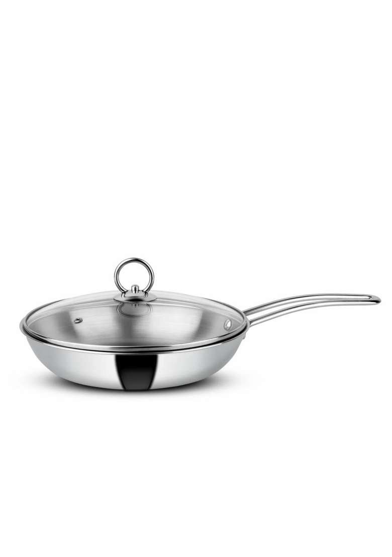 Orange Triply Stainless Steel Fry Pan with Riveted Cast Long Handle with Glass Lid | 1.5 L | 1.6 Qt | 22 cm | 8.7 Inch | Induction Compatible - Indya