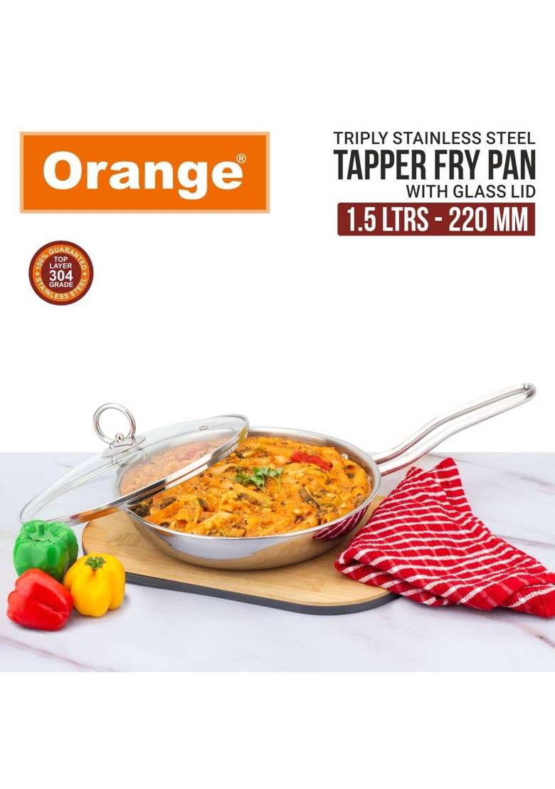 Orange Triply Stainless Steel Fry Pan with Riveted Cast Long Handle with Glass Lid | 1.5 L | 1.6 Qt | 22 cm | 8.7 Inch | Induction Compatible - Indya