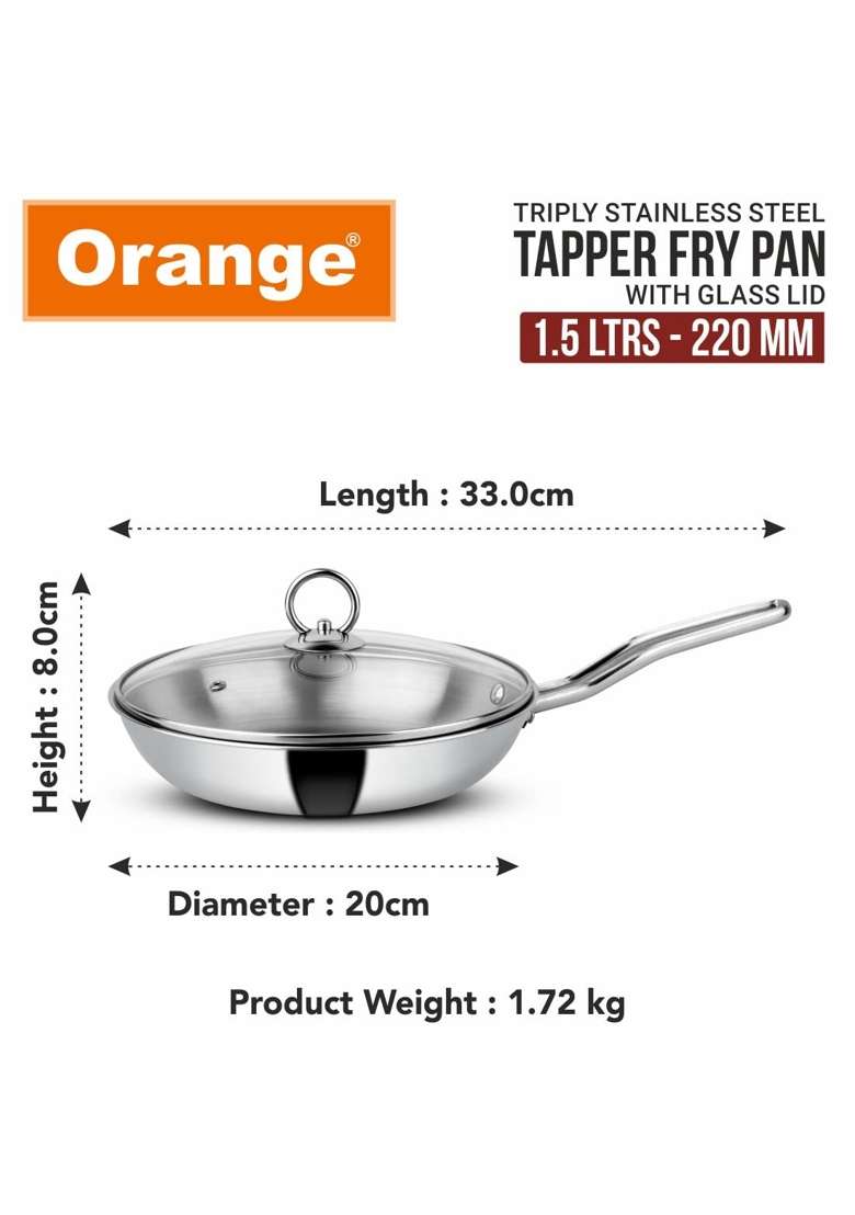 Orange Triply Stainless Steel Fry Pan with Riveted Cast Long Handle with Glass Lid | 1.5 L | 1.6 Qt | 22 cm | 8.7 Inch | Induction Compatible - Indya