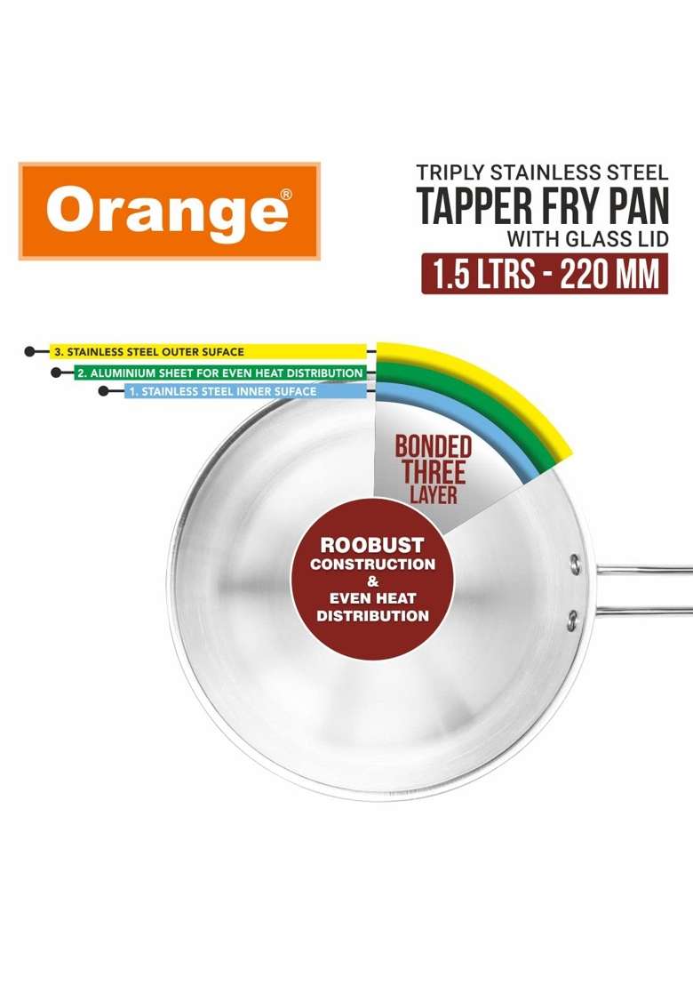 Orange Triply Stainless Steel Fry Pan with Riveted Cast Long Handle with Glass Lid | 1.5 L | 1.6 Qt | 22 cm | 8.7 Inch | Induction Compatible - Indya