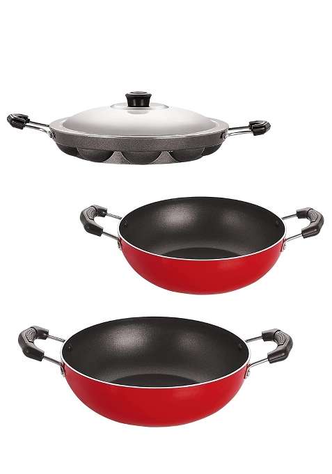 NIRLON Deluxe Non-Stick Set of Kitchenware Utensils Aluminium Red and Black Kadhai Wok | 1.5 L | 1.6 Qt | With Lid