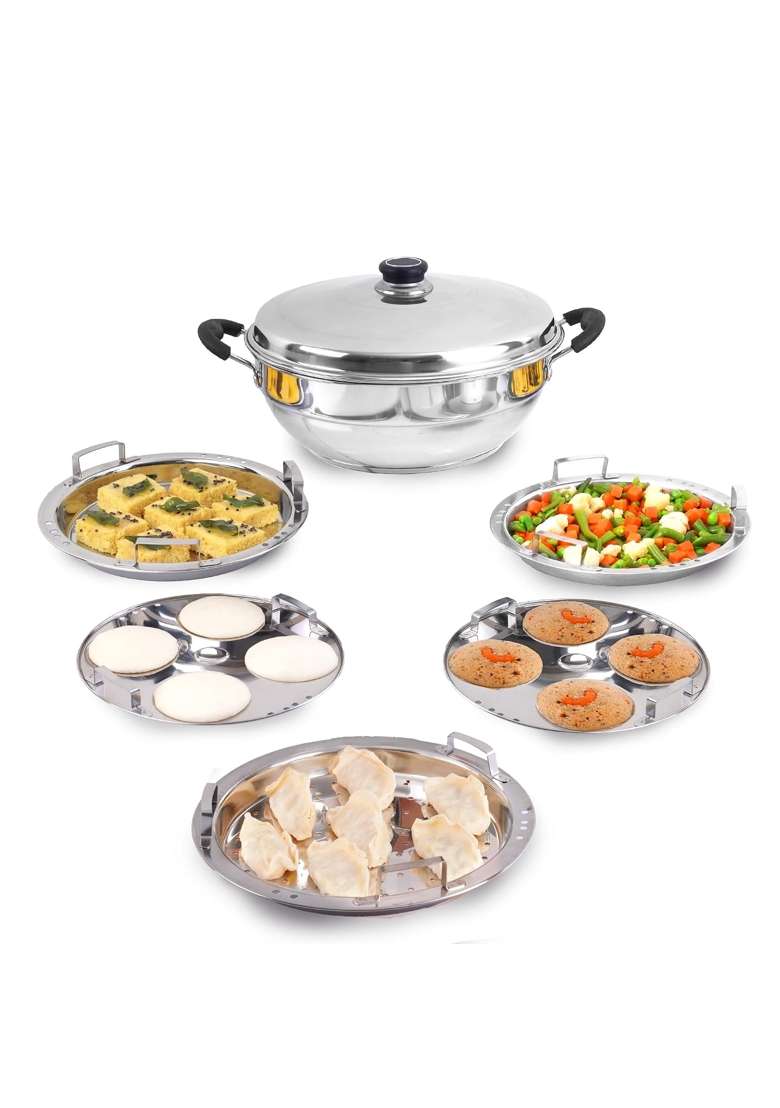 The Indus Valley Stainless Steel Idli Maker Momo Maker Multi Kadai Wok Steamer Set | 3 L | 3.2 Qt | 23 cm | 9.1 Inch | Induction Compatible - Indya