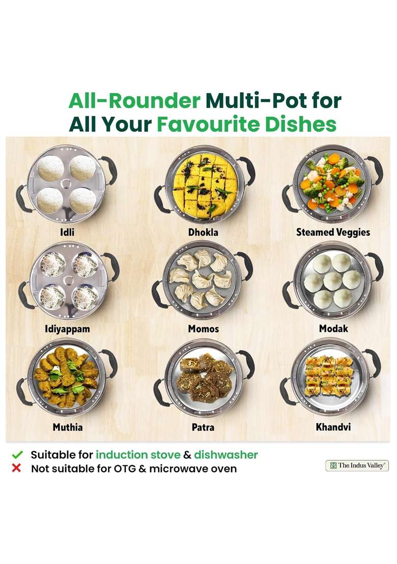 The Indus Valley Stainless Steel Idli Maker Momo Maker Multi Kadai Wok Steamer Set | 3 L | 3.2 Qt | 23 cm | 9.1 Inch | Induction Compatible - Indya