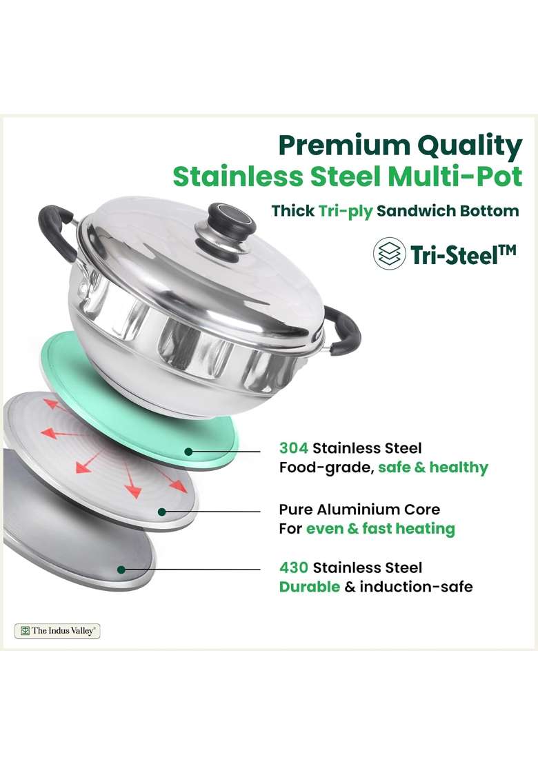 The Indus Valley Stainless Steel Idli Maker Momo Maker Multi Kadai Wok Steamer Set | 3 L | 3.2 Qt | 23 cm | 9.1 Inch | Induction Compatible - Indya