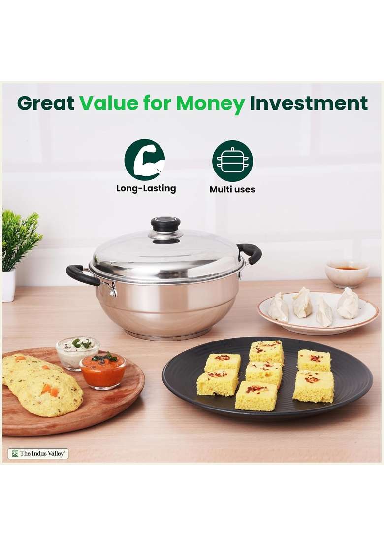 The Indus Valley Stainless Steel Idli Maker Momo Maker Multi Kadai Wok Steamer Set | 3 L | 3.2 Qt | 23 cm | 9.1 Inch | Induction Compatible - Indya