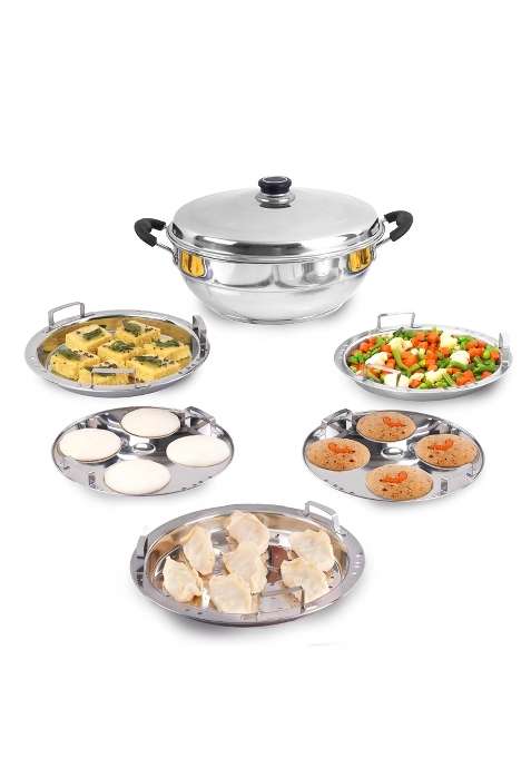 The Indus Valley Stainless Steel Idli Maker Momo Maker Multi Kadai Wok Steamer Set | 3 L | 3.2 Qt | 23 cm | 9.1 Inch | Induction Compatible