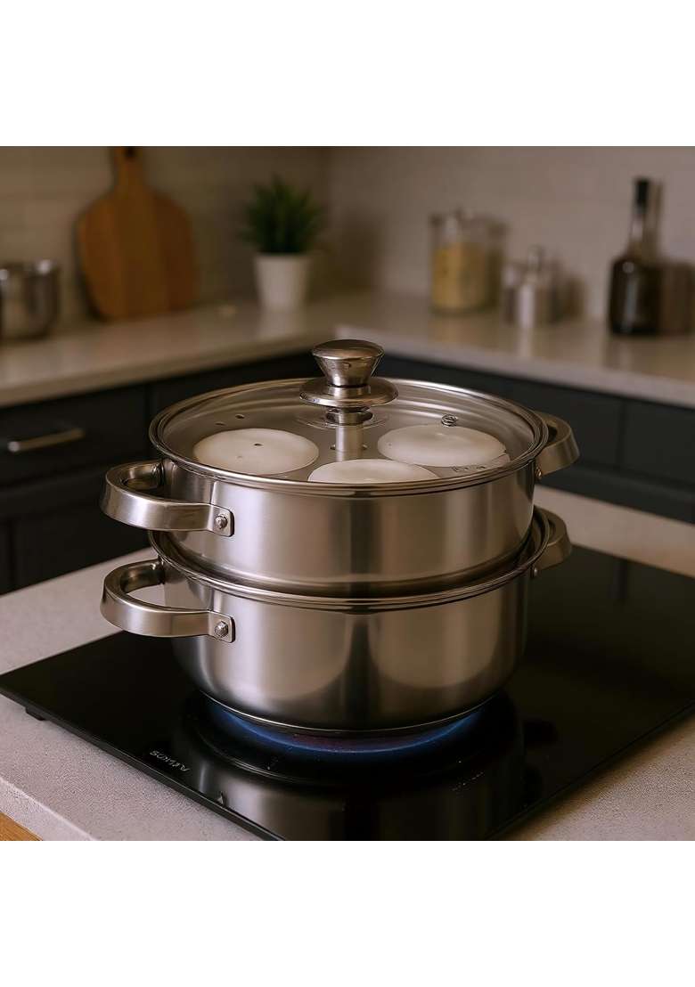Solimo Amazon Brand Solimo Stainless Steel 2 Tier | 3 L | 3.2 Qt | 20 cm | 7.9 Inch | Induction Compatible | With Lid - Indya