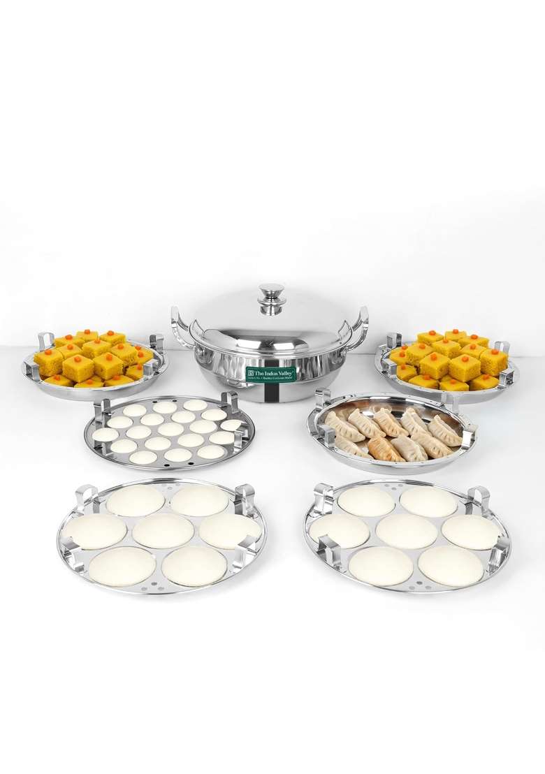 The Indus Valley Triply Stainless Steel Idli Maker Multi Kadai Wok | 5 L | 5.3 Qt | 27 cm | 10.6 Inch | Induction Compatible - Indya