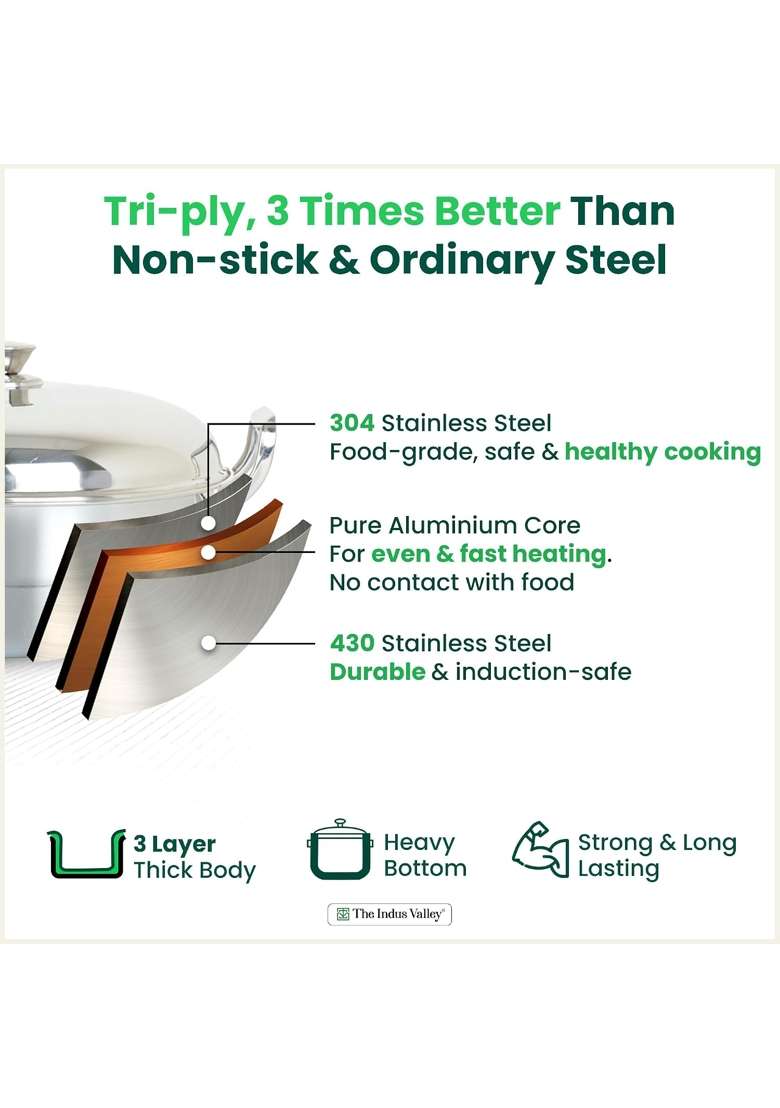 The Indus Valley Triply Stainless Steel Idli Maker Multi Kadai Wok | 5 L | 5.3 Qt | 27 cm | 10.6 Inch | Induction Compatible - Indya