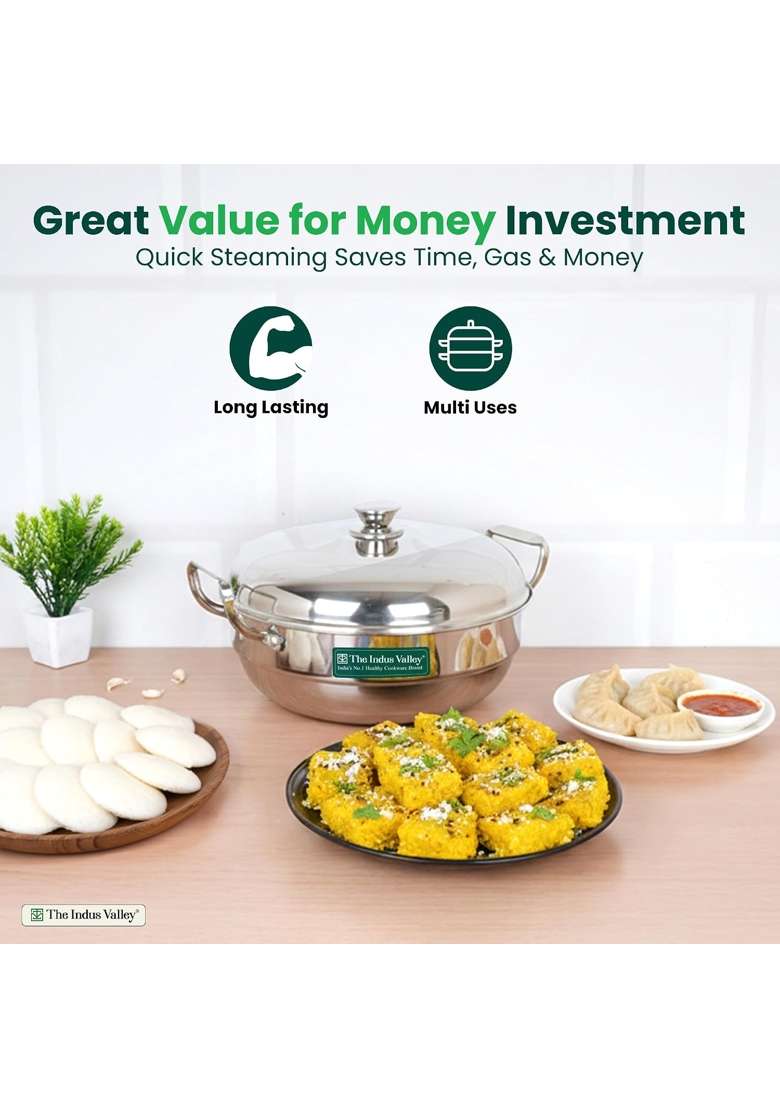 The Indus Valley Triply Stainless Steel Idli Maker Multi Kadai Wok | 5 L | 5.3 Qt | 27 cm | 10.6 Inch | Induction Compatible - Indya