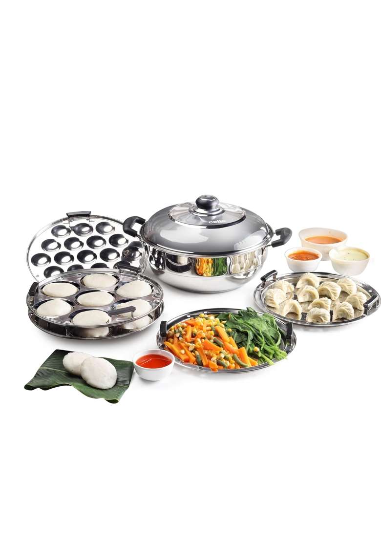 CELLO Stainless Steel Induction Base Idli Cooker and Multi Kadhai Wok | 5 L | 5.3 Qt | 6-Piece Set - Indya