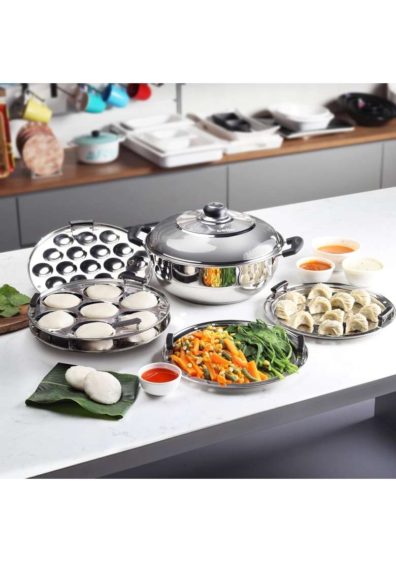 CELLO Stainless Steel Induction Base Idli Cooker and Multi Kadhai Wok | 5 L | 5.3 Qt | 6-Piece Set - Indya