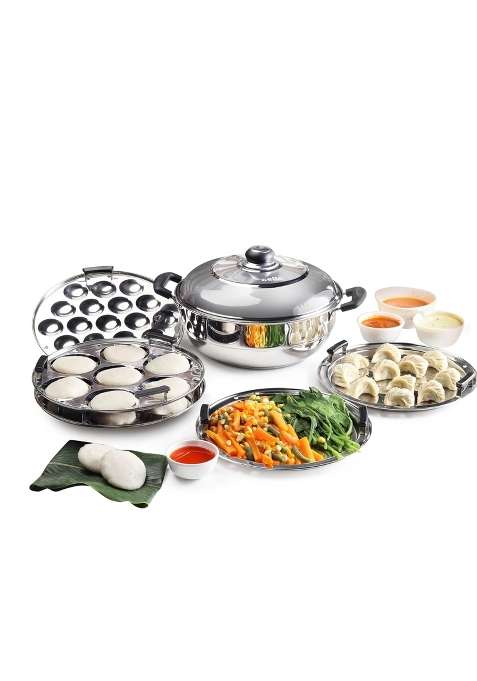 CELLO Stainless Steel Induction Base Idli Cooker and Multi Kadhai Wok | 5 L | 5.3 Qt | 6-Piece Set