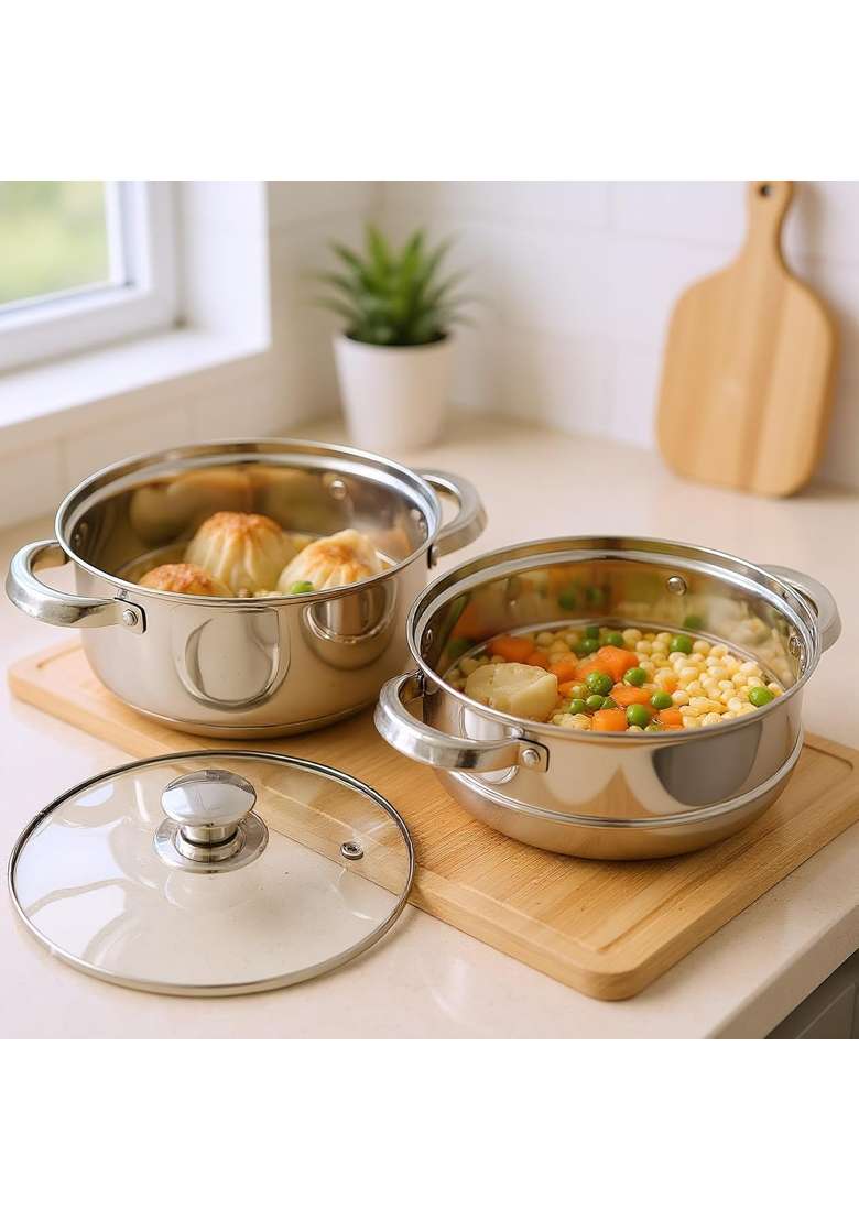 Solimo Amazon Brand Solimo Stainless Steel Steamer with Glass Lid | 4 L | 4.2 Qt | 22.4 cm | 8.8 Inch | Induction Compatible - Indya