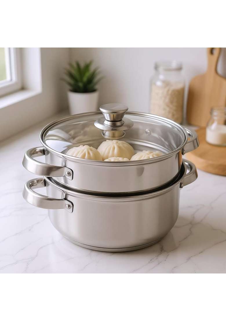 Solimo Amazon Brand Solimo Stainless Steel Steamer with Glass Lid | 4 L | 4.2 Qt | 22.4 cm | 8.8 Inch | Induction Compatible - Indya