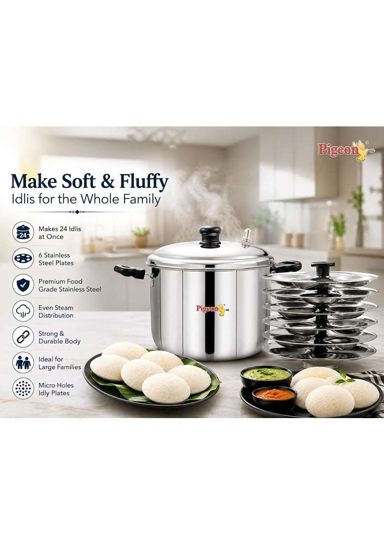 Pigeon Desire Stainless Steel Idli Cooker with 6 Plates - Indya