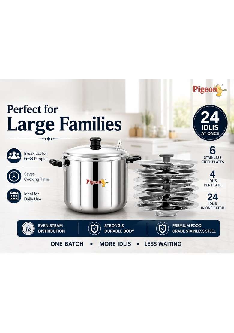 Pigeon Desire Stainless Steel Idli Cooker with 6 Plates - Indya