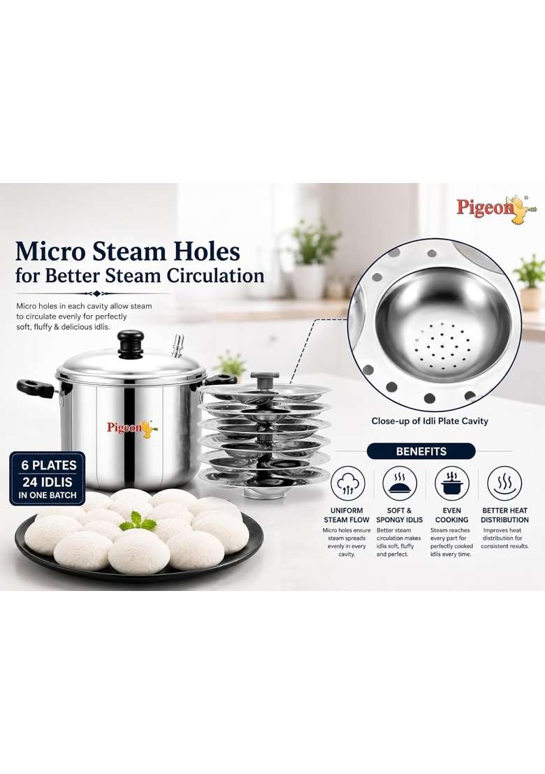 Pigeon Desire Stainless Steel Idli Cooker with 6 Plates - Indya