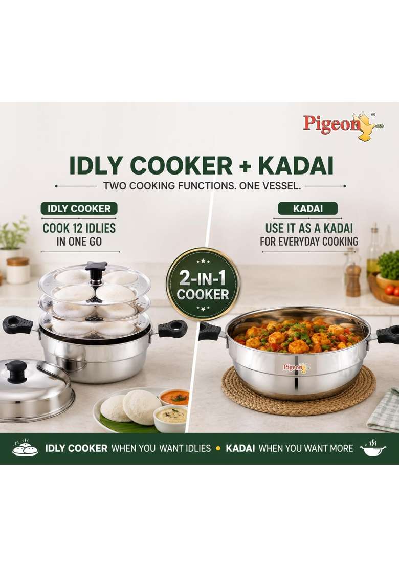 Pigeon Glitz Stainless Steel Idli Maker and Kadai Wok | Induction Compatible - Indya