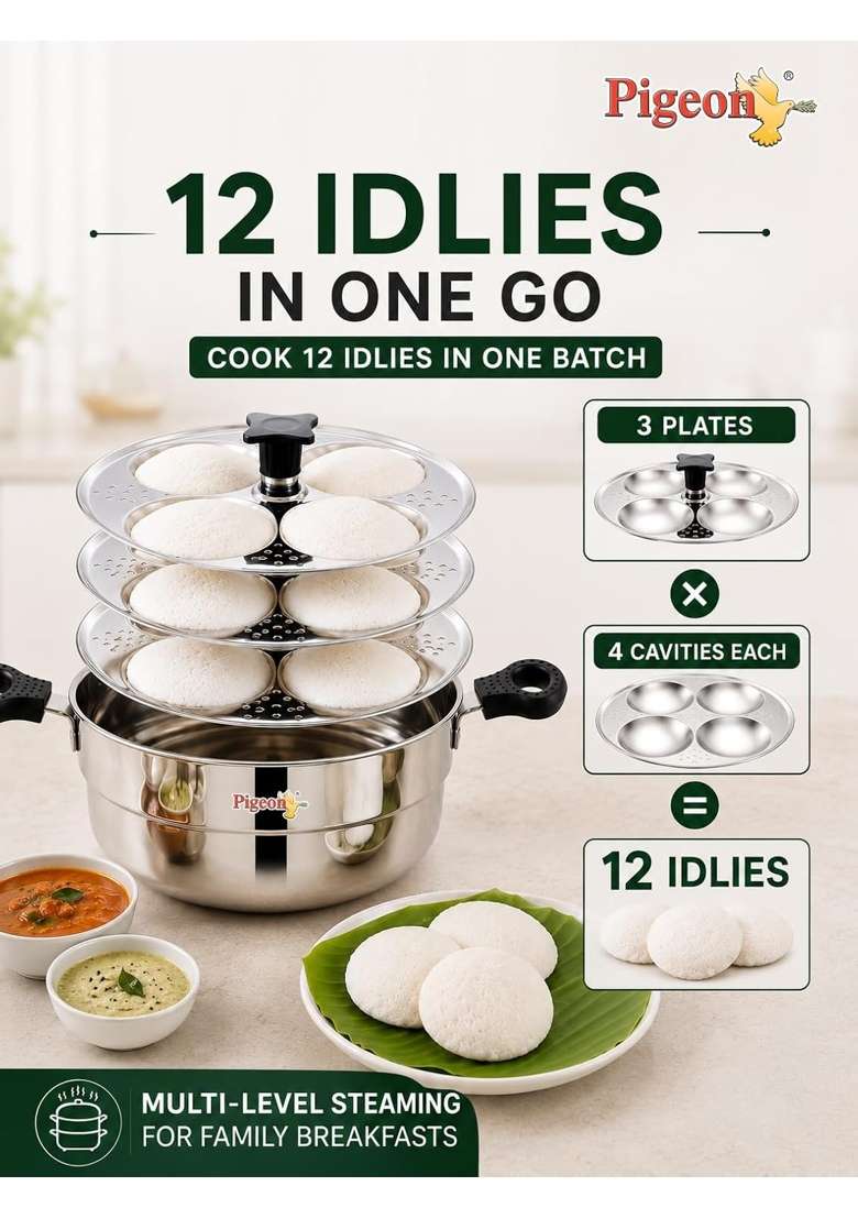 Pigeon Glitz Stainless Steel Idli Maker and Kadai Wok | Induction Compatible - Indya