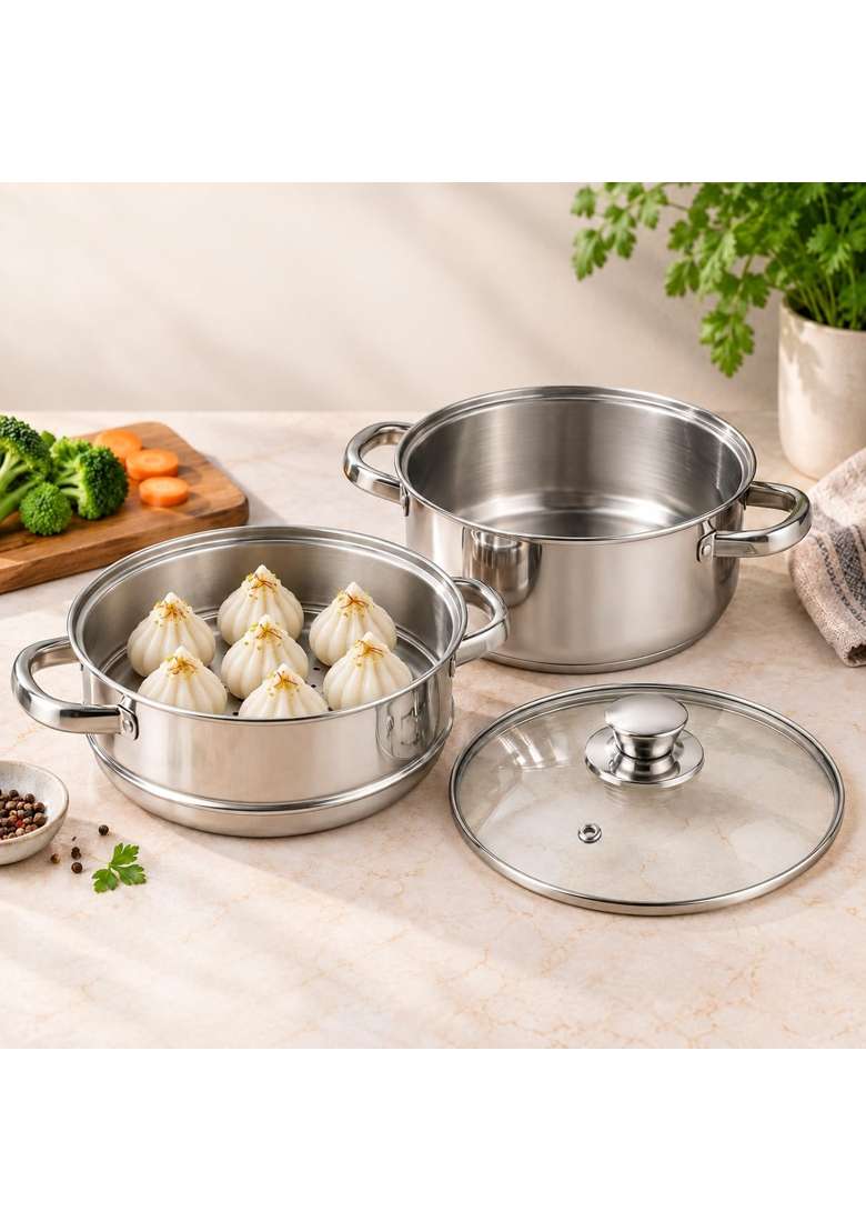 Vinod Steamer for Kitchen 2-Tier Stainless Steel with Glass Lid | 20 cm | 7.9 Inch - Indya