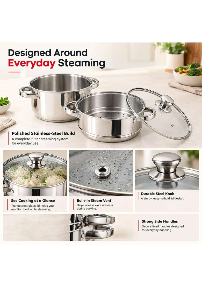 Vinod Steamer for Kitchen 2-Tier Stainless Steel with Glass Lid | 20 cm | 7.9 Inch - Indya